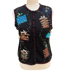 Vintage Studio Joy Christmas Sweater Vest Black Beaded Gift Boxes M